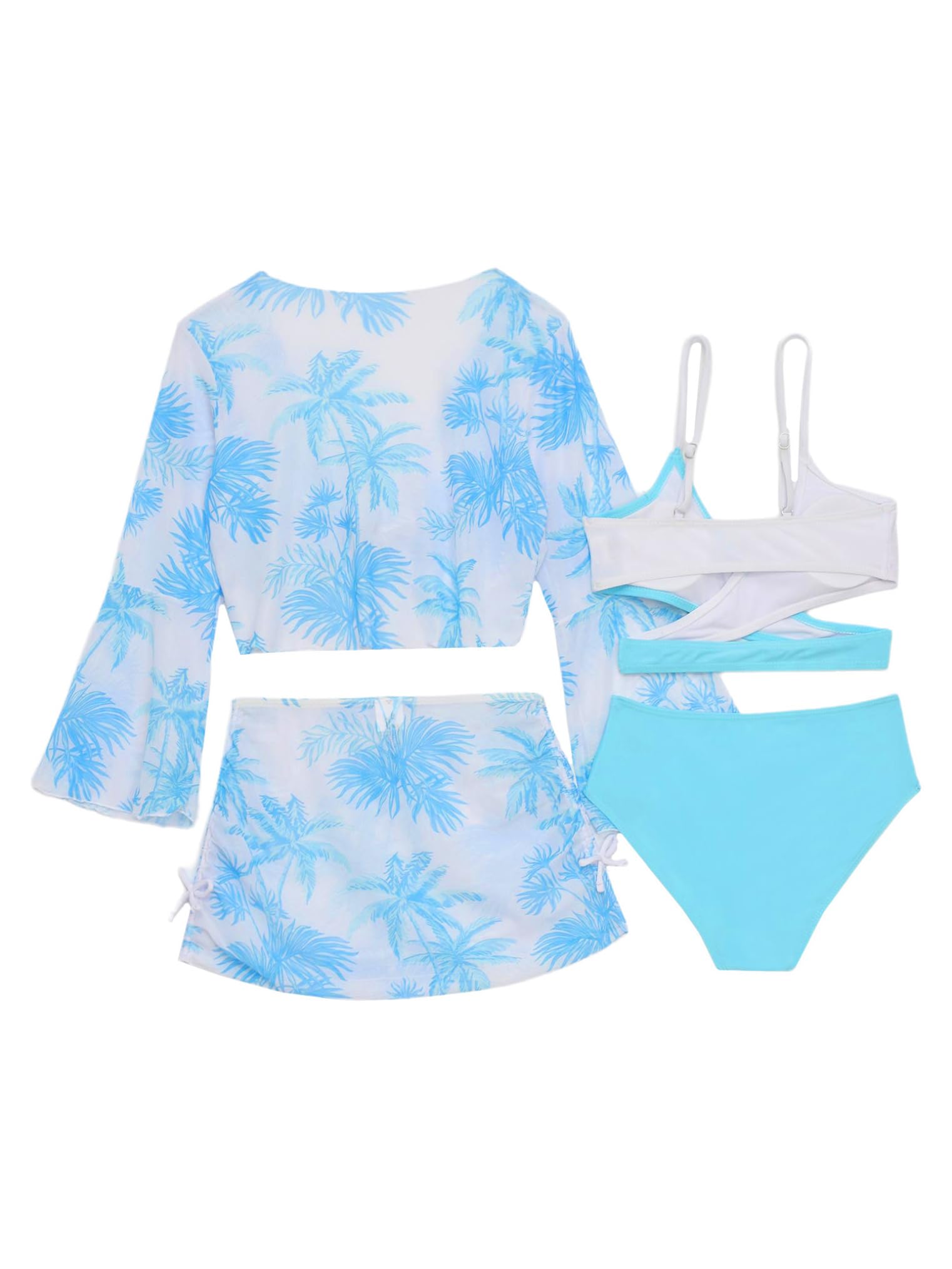 Choomomo Girl's 4 Piece Swimsuits Tankini Bathing Suit Sets Tropical Leaves Print Bathing Suit Cover Ups Beach Skirt Blue 11-12 Years