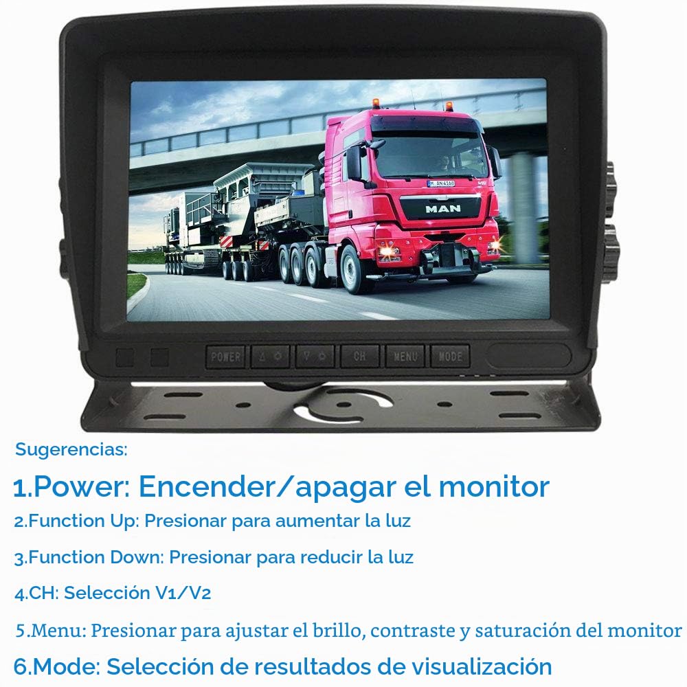 Sistema Cámara Marcha Atrás Vehículo, Monitor 7 Pulgadas + 2 Cámaras | Cámara marcha atrás impermeable visión nocturna IR para autocaravanas, autobuses, remolques, camiones, 12V-24V, Color, HD