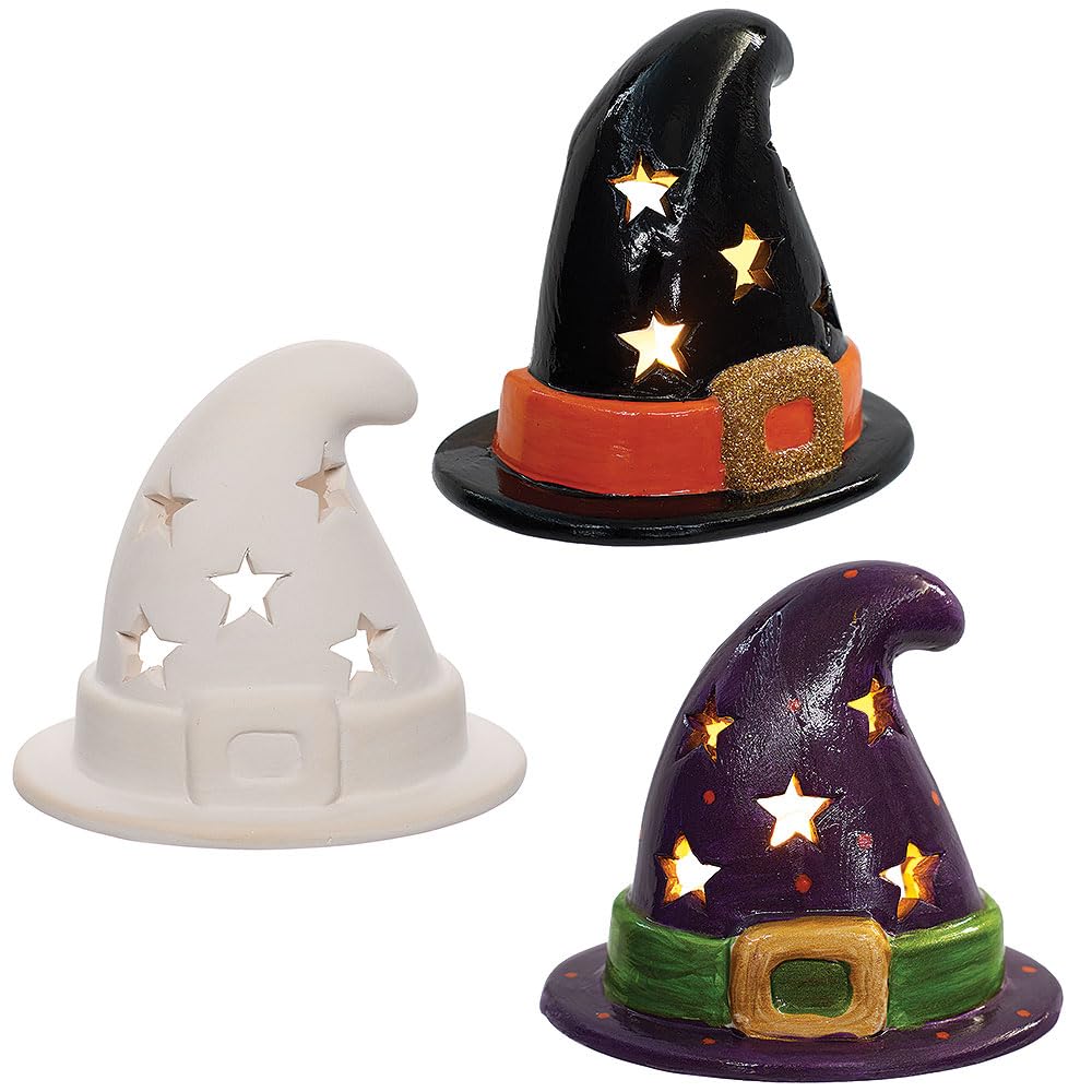 Baker Ross VC299 Witch Hat Ceramic Tealight Holder Pack of 2, Halloween tealight Holder, Ceramic Painting Craft kit