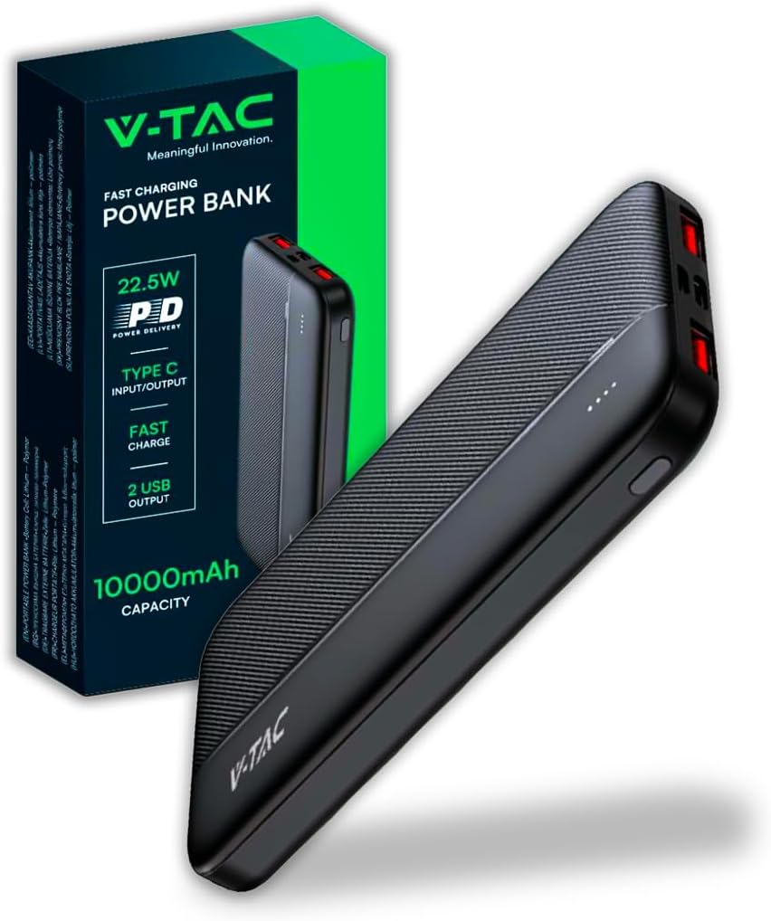 V-TAC Power Bank 10000 mAh con Ricarica Rapida PD 22.5W - PowerBank Batteria Esterna Sottile con Porta USB Type-C e 2 Porte USB-A - Compatibile iPhone, iPad, Samsung, iPad, Xiaomi - Nero
