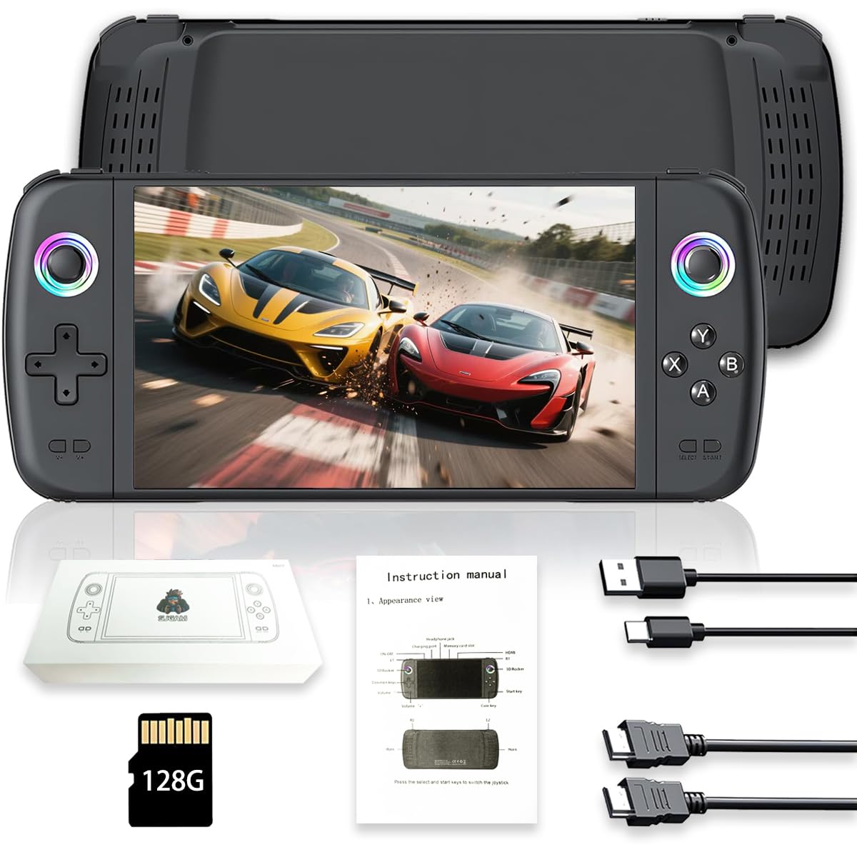 Nuova console di gioco portatile M27, 128 GB di memoria interna con 30.000 giochi, sistema Linux, schermo IPS da 7 pollici, console portatile mini arcade tascabile, uscita HD (nero, 128 g)