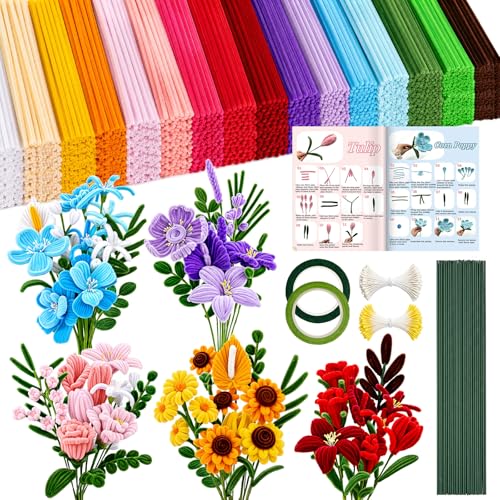 RQAYE 1600Pcs Pipe Cleaner Flower kit Pipe Cleaners Craft with Handle 16 Colors Flower Making Kit with Chenille Stems Art and Craft Supplies