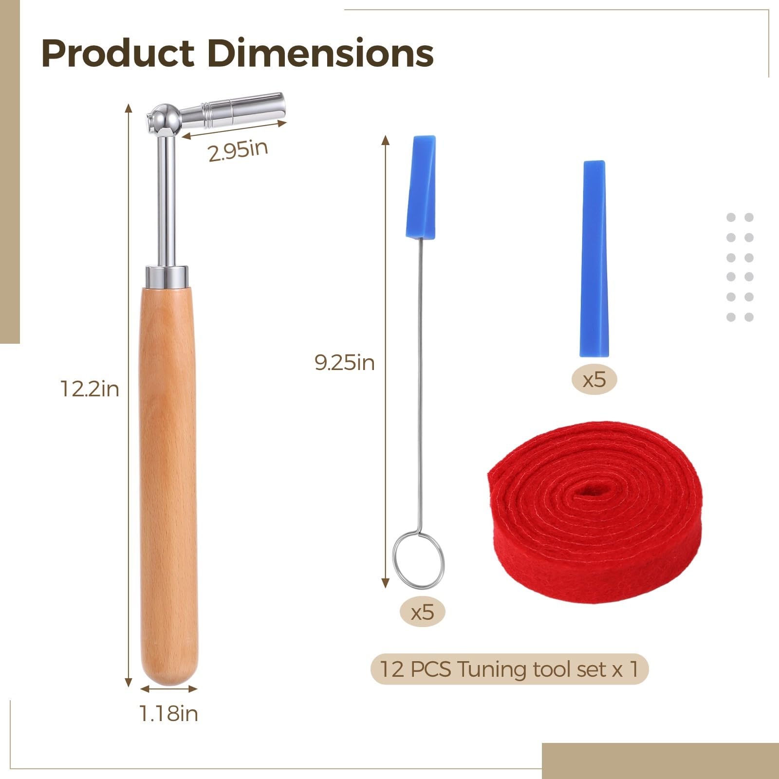 Kit d'accordage pour piano 12 pièces, ensemble d'outils avec clé d'accordage, feutre muet long et sourdines en caoutchouc, set universel pour débutants et accordeurs