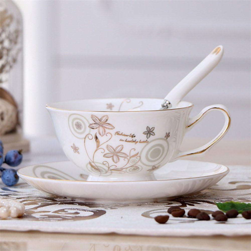 MueYan Bone China Coffee Cups Mugs and Saucer Spoon Set Ceramic Mugs Advanced Porcelain Tea Cup Tray for Gift Cafe Party (Style J)