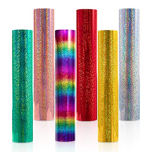 Holographic Vinyl, Chrome Glitter Adhesive Craft Vinyl, Permanent Vinyl Sheets 12 Inch X 12 Inch ?6 Sheets for Cricut and Silhouette Cameo(with 1 Transfer Paper)