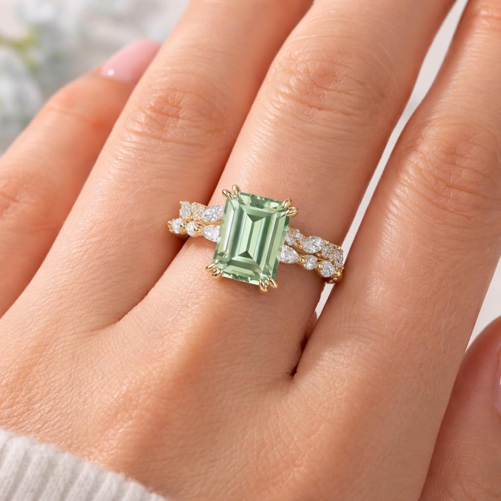 Emerald Cut Green Sapphire Engagement Ring Set 2PCS Solid Yellow Gold Bridal Wedding Jewelry with Marquise Cluster Band Birthday Gift for Her