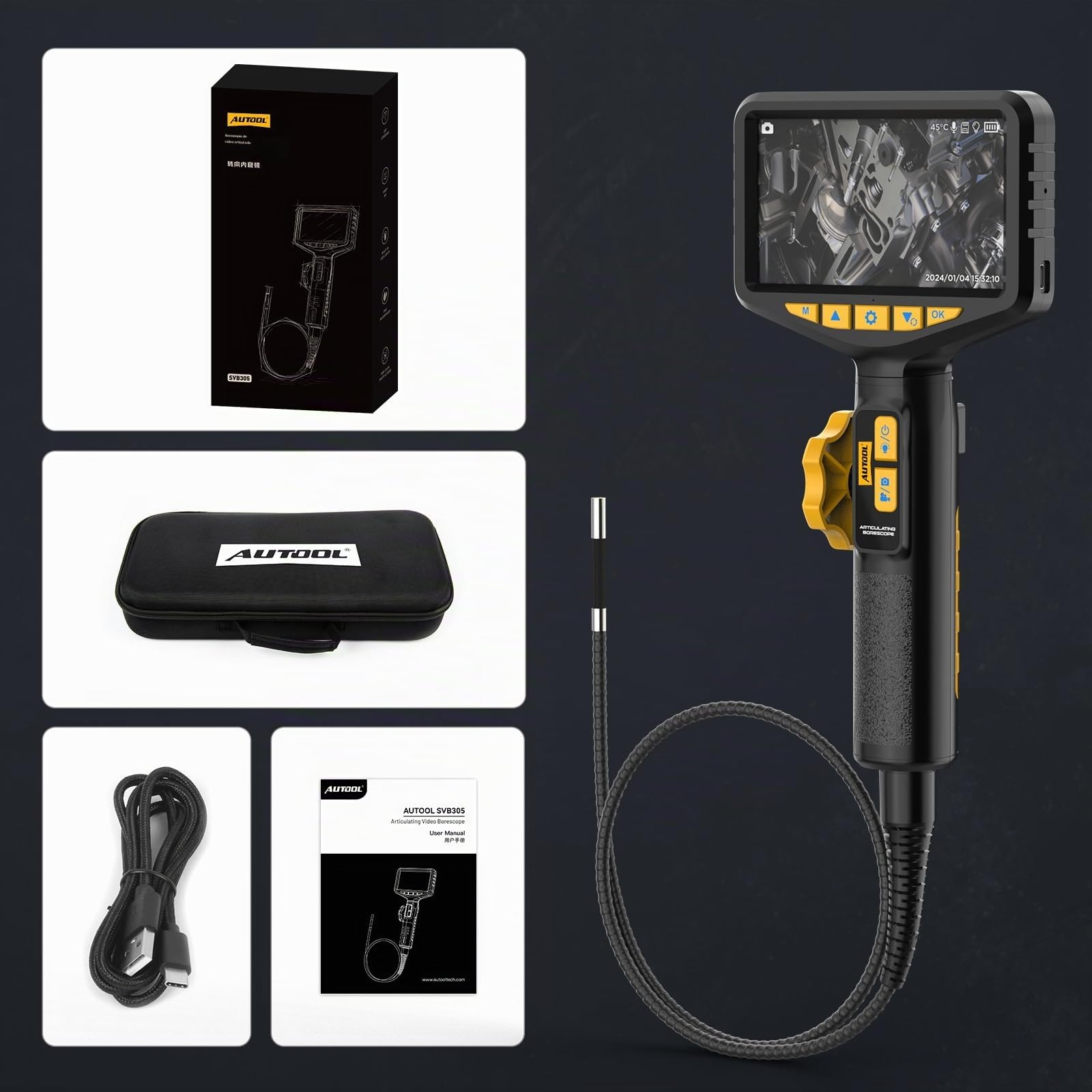 AUTOOL Cámara endoscópica bidireccional 210°, cámara de inspección de boroscopio 0.2 pulgadas, boroscopio articulado 5 pulgadas 1080P LED, cable flexible 3 pies, tarjeta SD