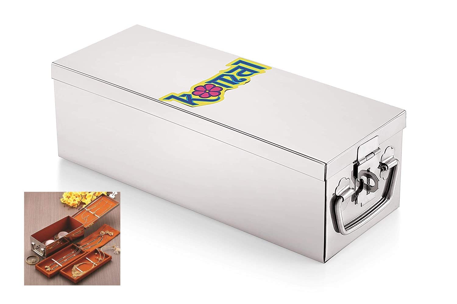 Konquer TimeS Komal Stainless Steel Jewellery Box, with 2 Velvet Partition Trays, 2 Fixed Plastic Boxes for Small Ornaments & 1 Velvet Pouch (Silver)