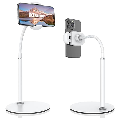Cell Phone Stand, Adjustable Height & Angle Gooseneck Phone Stand for Desk Flexible Arm Universal Phone Holder, Aluminum Alloy Desktop Phone Stand for Recording Compatible with 3.5"-7" Device (White) - White