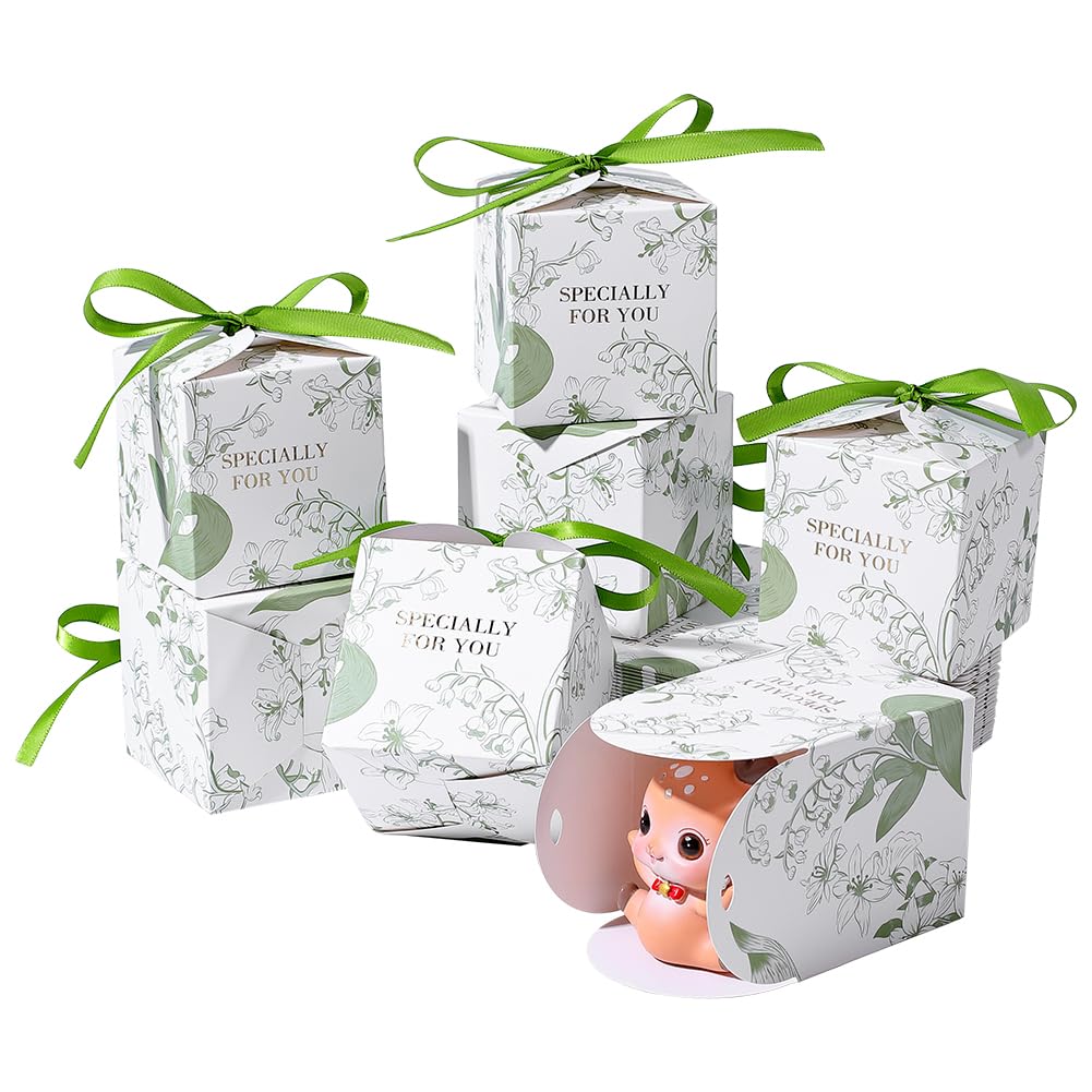PH PandaHall 50 Pack Mini Green Gift Boxes, Flower Printed Paper Box 7cm Small Square Gift Wrapping Box with Ribbon Candy Boxes for Wedding Favors Birthday Party Holiday Mother's Day Spring