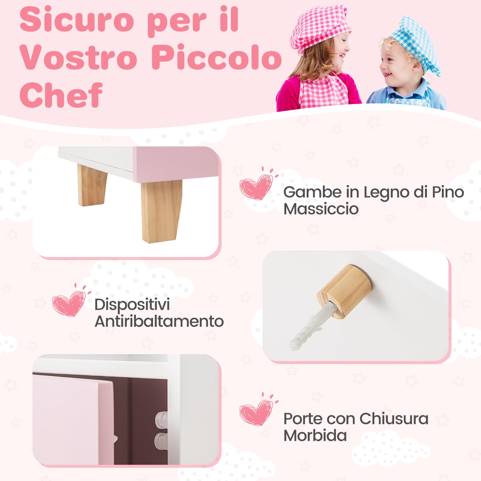 RELAX4LIFE Cucina Giocattolo per Bambini, Mini Cucina in Legno con Luci e Suoni Reali, Utensili da Cucina, Set Giocattoli per Bambini 3+ Anni, 30 x 92 x 98 cm (Rosa)