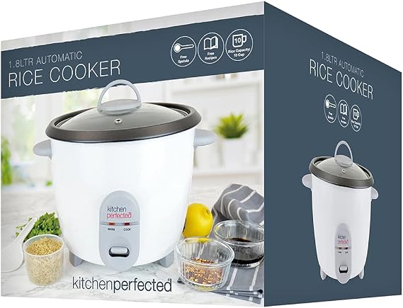 Kitchen Perfected 700W 1.8Ltr Automatic Rice Cooker - Non Stick / Removable Rice Bowl / Warm & Cook Indicators / Toughened Glass Lid / Measuring Cup / Spatula / Recipes Included - White - E3312
