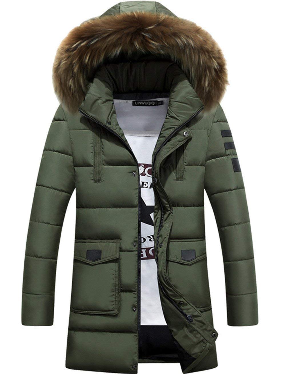 Męska ciepła kurtka zimowa z płaszczem zimowym, modna parka, moda męska, pogrubiony futrzany kaptur, kurtka pikowana, płaszcz męski kurtka z kapturem, kurtka outdoorowa, płaszcz męski Nner, wojskowa zieleń, S