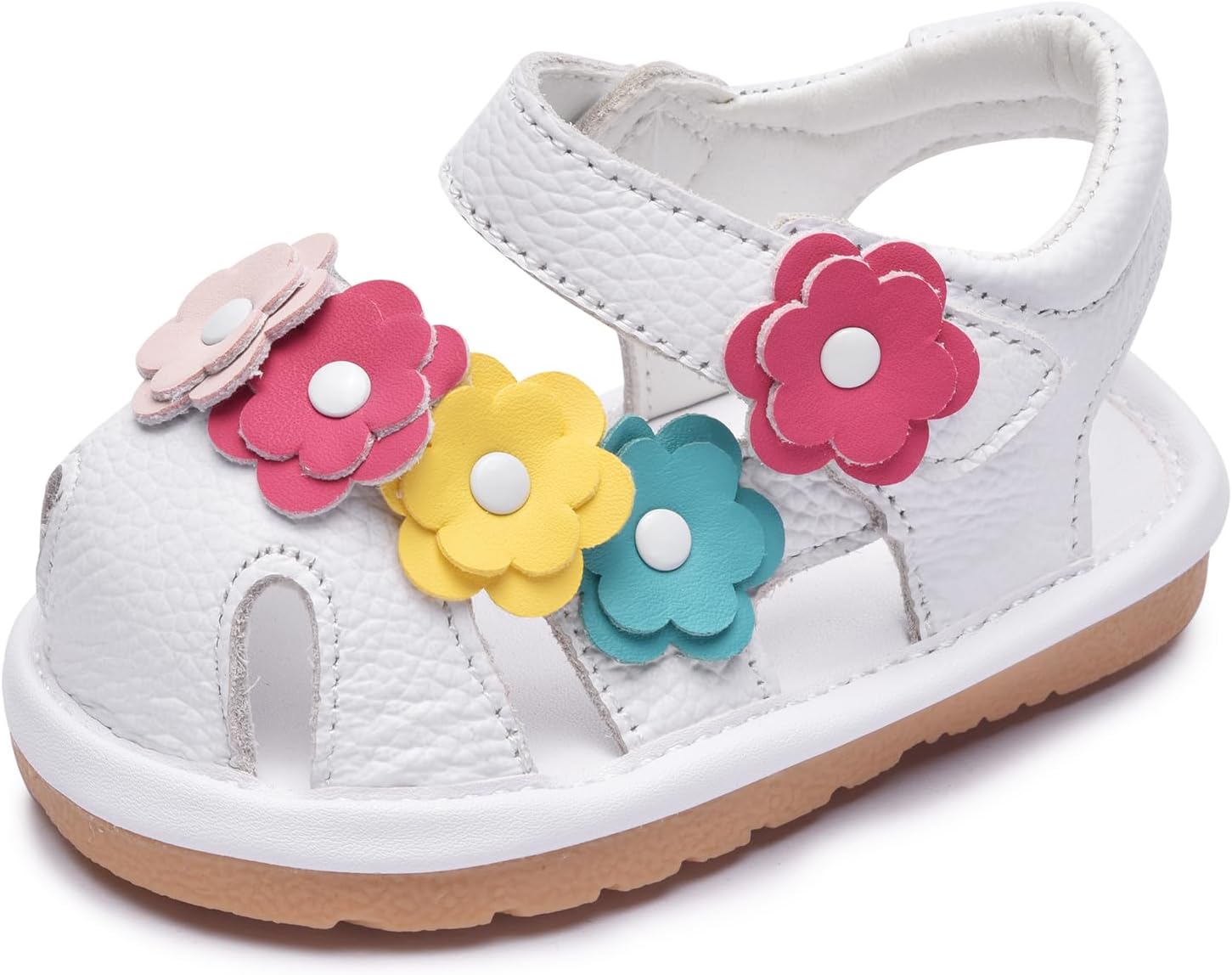 Toddler Girls Squeaky Shoes Flower Punch Baby Mary Jane Flats Sandals (Removable Squeakers)