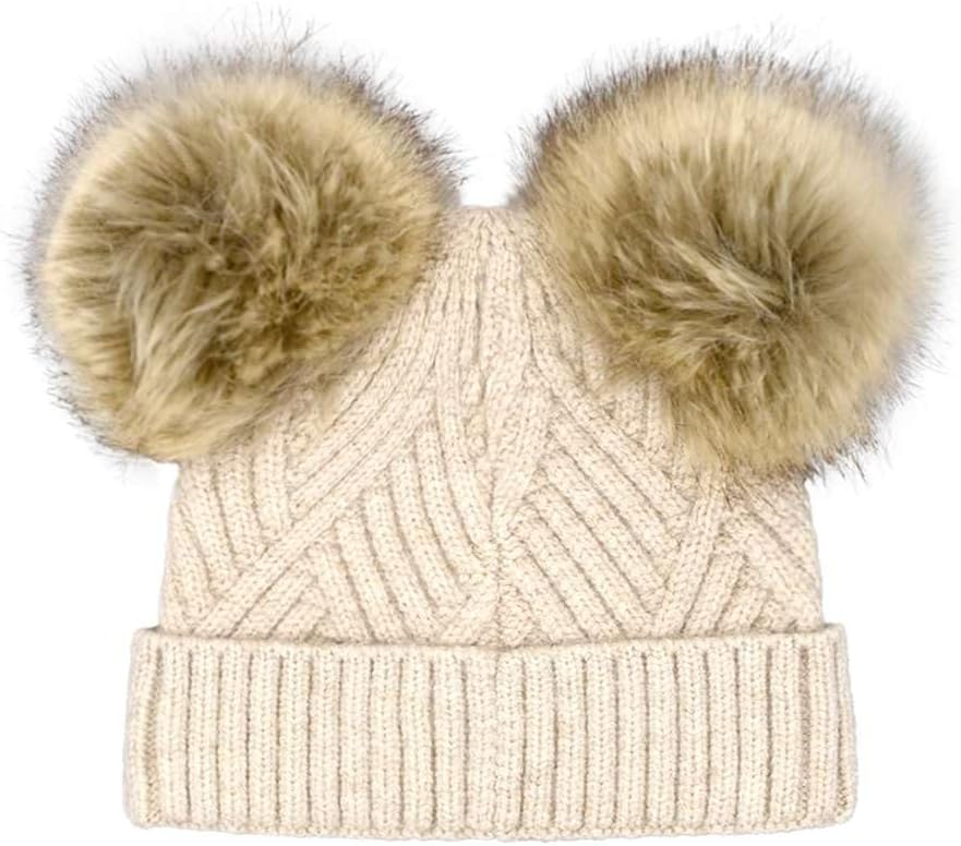 C.C Baby Soft Stretch Cable Knit Winter Beanie Hat with Faux Fur Pom Pom for Infant Newborn 0-12M