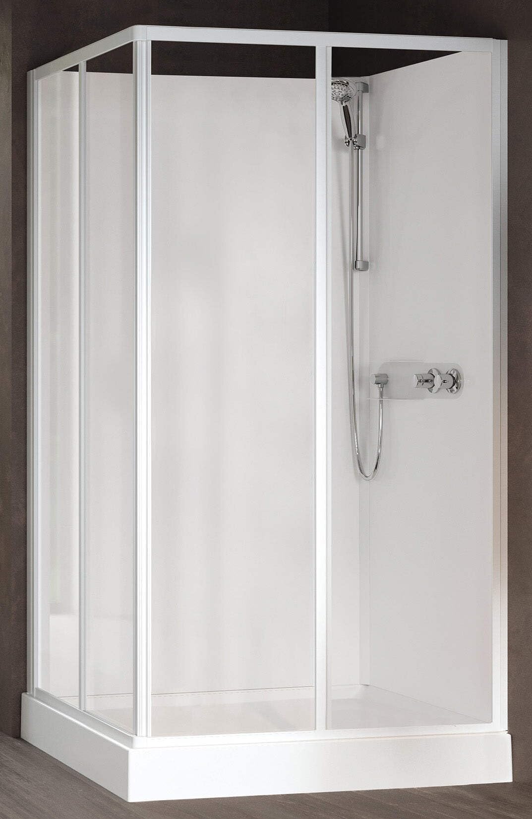 Novellini Media Glass A Standard 100 x 70 cm Cabina ducha multifunción apertura 2 puertas correderas montaje ángulo derecho izquierdo mezclador mecánico cristal transparente perfil blanco altura 210