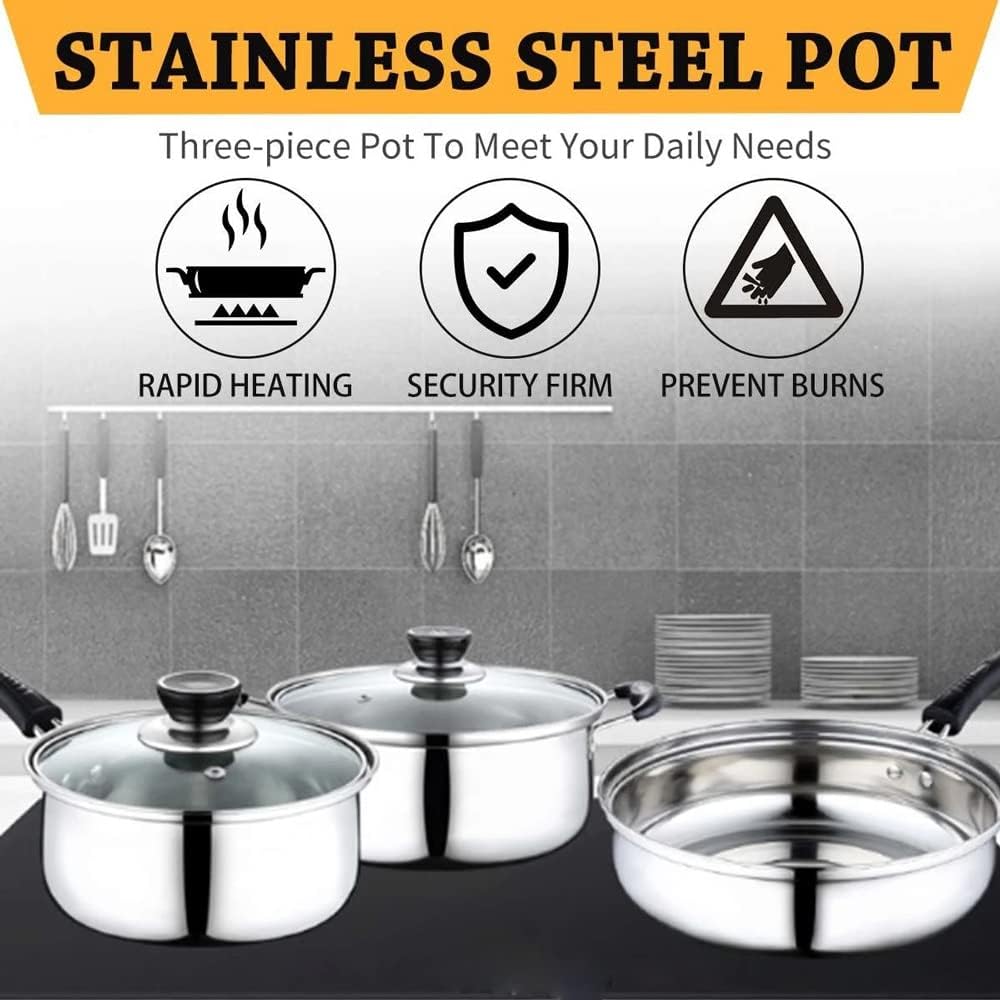 3pcs Stainless Steel Cookware Set Soup Pot Milk Pan with Glass Lid Frying Kitchen Cooking Tool