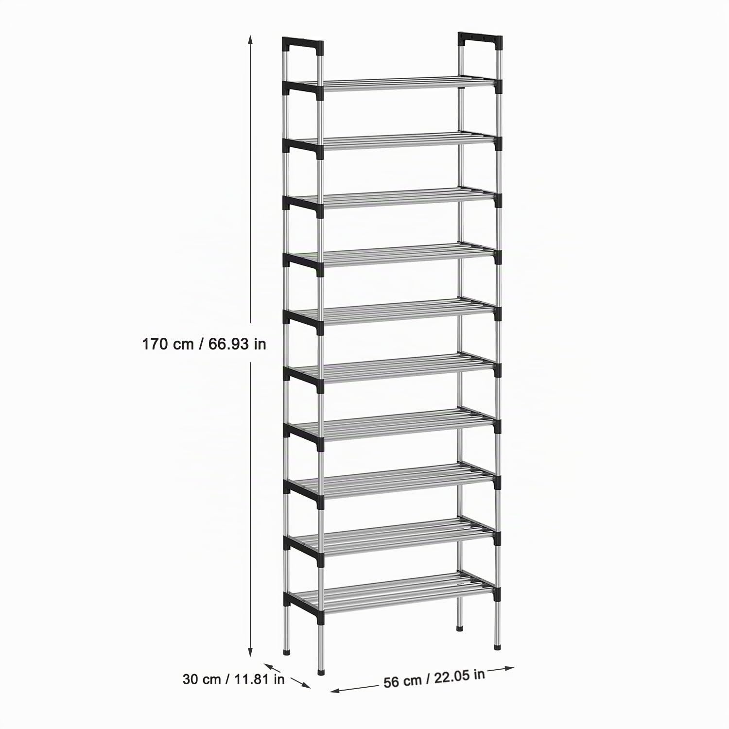 S-508 Scarpiera a 10 Ripiani, Scaffale Portascarpe, Organizzatore per Scarpe per 20-30 Paia di Scarpe, 30 x 56 x 170 cm, 16mm Addensare Extra Pipa, Corridoio, Camera da Letto (Argento)