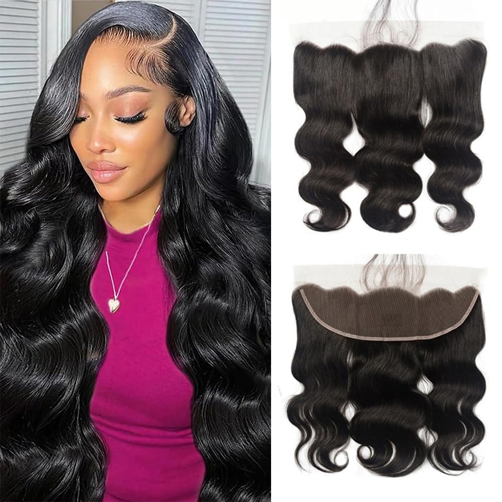 Brazilian Virgin Body Wave Human Hair 13X4 Lace Frontal 16Inch 100% Unprocessed Virgin Body Wave human hair Transparent Ear to Ear Lace Front Natural Black Color