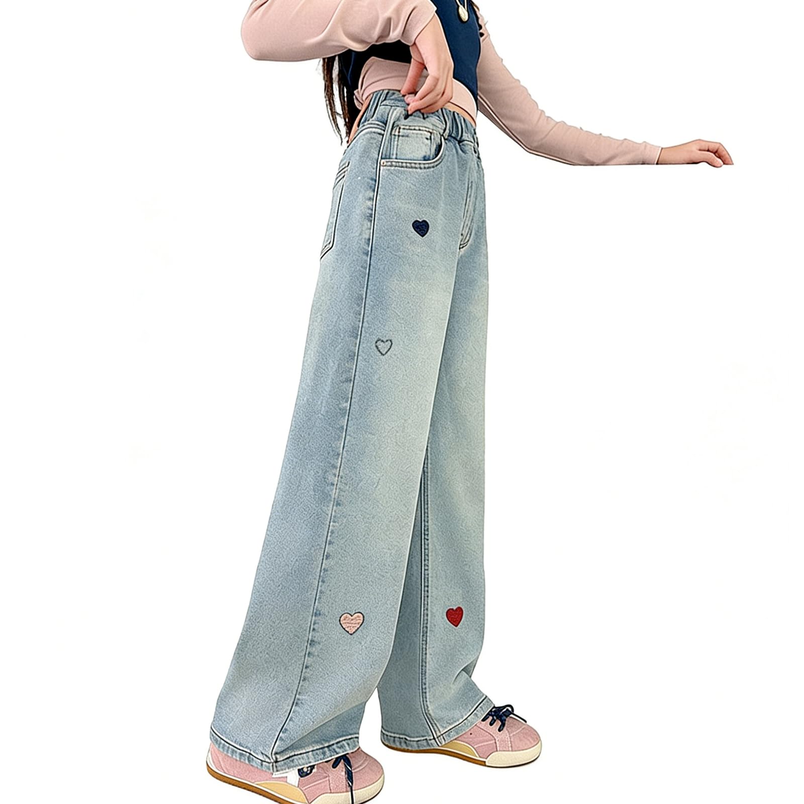 Pantalones vaqueros para niñas de 5 a 14 años con cintura elástica y pierna ancha
