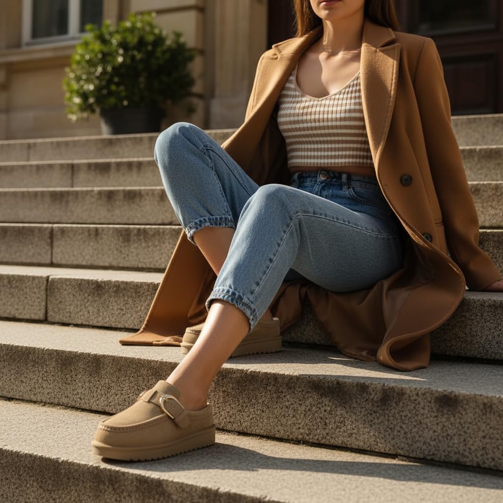 CUSHIONAIRE Origin Genuine Suede Mule Clogs for Women, Cozy Slip-On Moc Toe Loafer with Buckle and Faux Fur Cushioned Footbed - Image 6