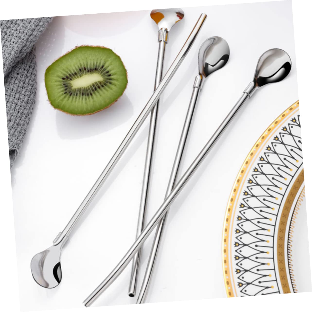 COLLBATH 6pcs Stainless Steel Straw Spoon Multi-function Mixing Spoon Dessert Spoons Multi-function Spoon Straw Ice Tea Spoons Straws Reusable Spoon Straws Mixer Spoon Coffee Spoon Portable