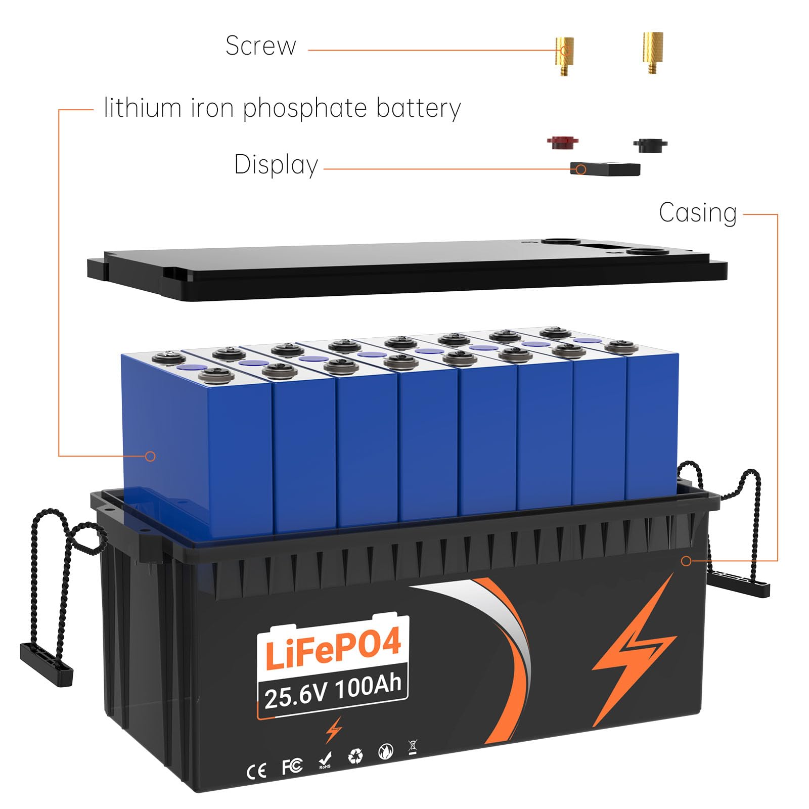 Lifepo4 batteria 24V 100AH 2560Wh, batteria al litio ferro fosfato, 5000 cicli di vita, built-in BMS, batteria al litio per sistema solare, UPS Per camperistiche solari marine di trasporto terrestre