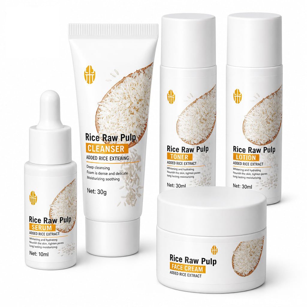 Rice Raw Pulp Glow Brightening Skincare Kit 5 Piece Cleanser Toner Serum, Lotion & Cream Facial Care Set with Rice Extract-image-19