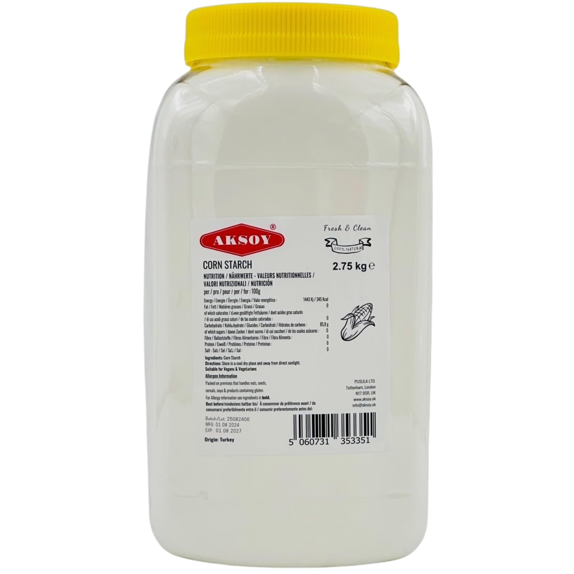 AKSOY 100% Pure Corn Starch | 2.75 KG Airtight Container | All Natural Thickener for Soups, Stews, Gravy, Baking Pies, Puddings & Cakes | Non-GMO, Vegan, Food-Grade