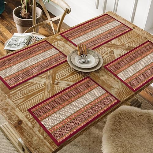 Image of Table Mats Set of 4 Handmade Reversible Heat Resistant | River Grass Dining Placemats Zero Plastic | Natural Madurkathi Eco Friendly | Rustic Boho Dcor | Sangreal Maroon Four Mats
