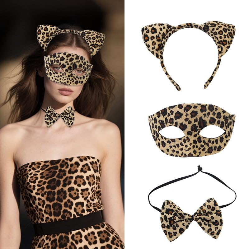 Zidoley Accessoires Deguisement Léopard Femme - Serre Tete Leopard Oreille, Mignon Cravates, Masque Animaux - Jungle Costume Carnaval Halloween Noël...