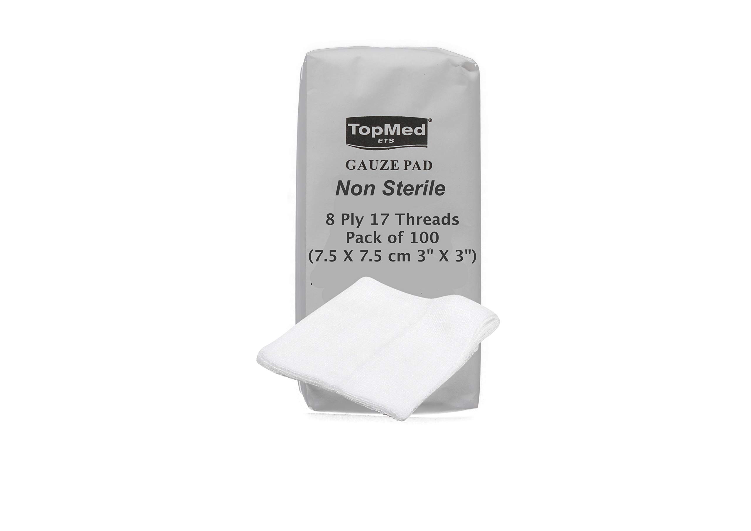 Cotton Gauze Swabs, Non-Sterile,White,8 Ply 17 Threads Pack of 100 (7.5 X 7.5 cm 3" X 3")