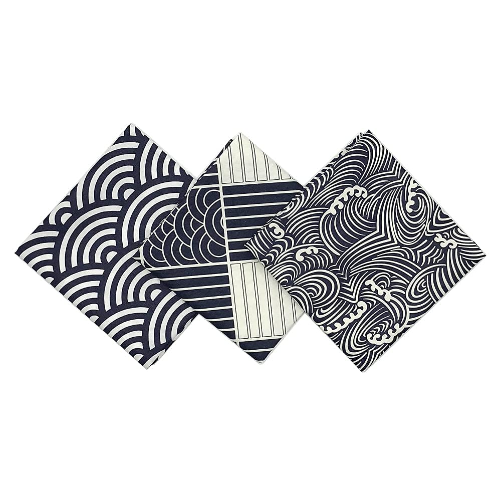 Qililandiy Lot De 3 Carrés De Tissu En Coton Imprimé Vagues De Style Japonais Pour Patchwork, Travaux Manuels, Couture, Matelassage - 45,7 X 55,9 Cm