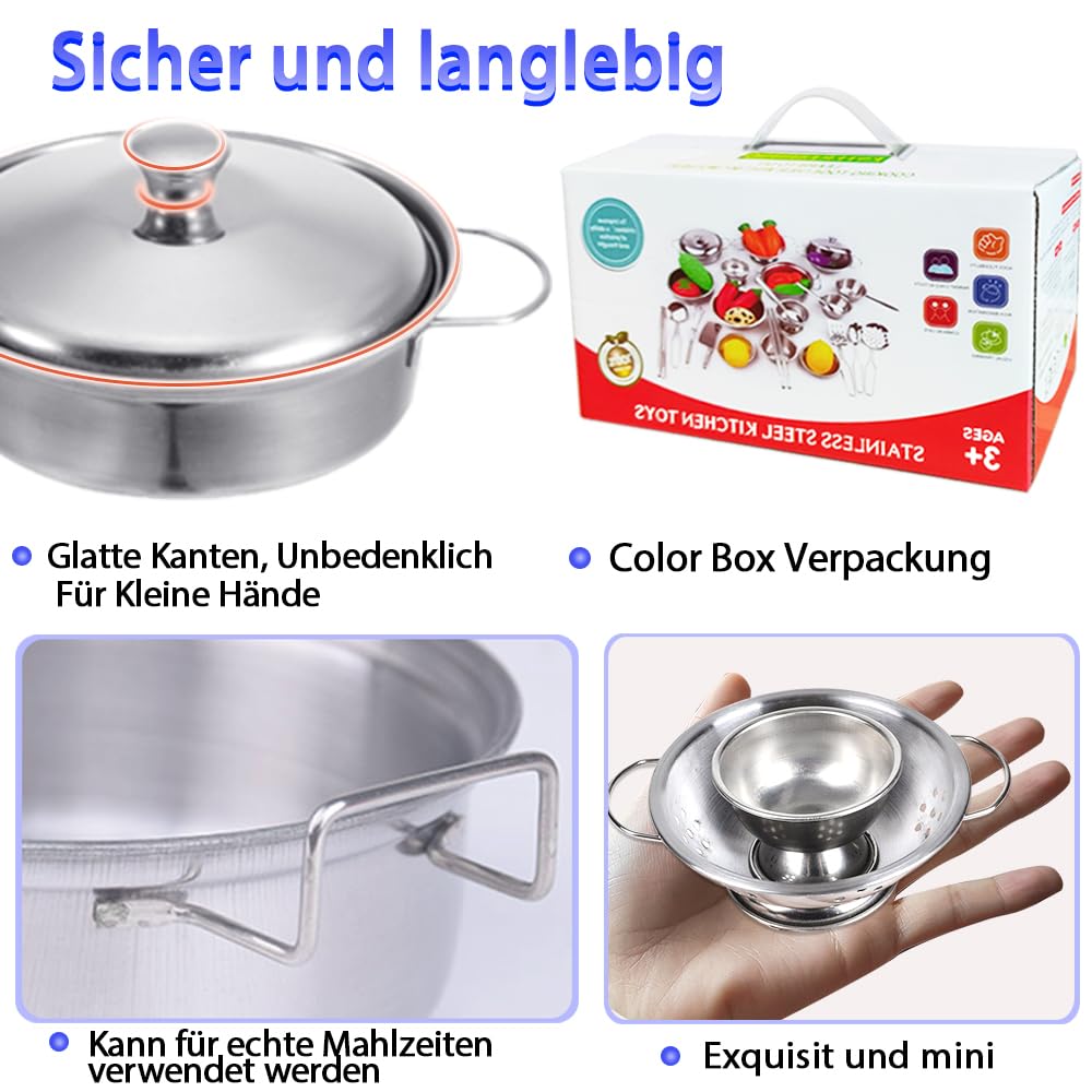 Lot de 25 ustensiles de cuisine en acier inoxydable pour enfants - Casseroles de jeu de rôle - Jouets éducatifs pour tout-petits - Petite taille