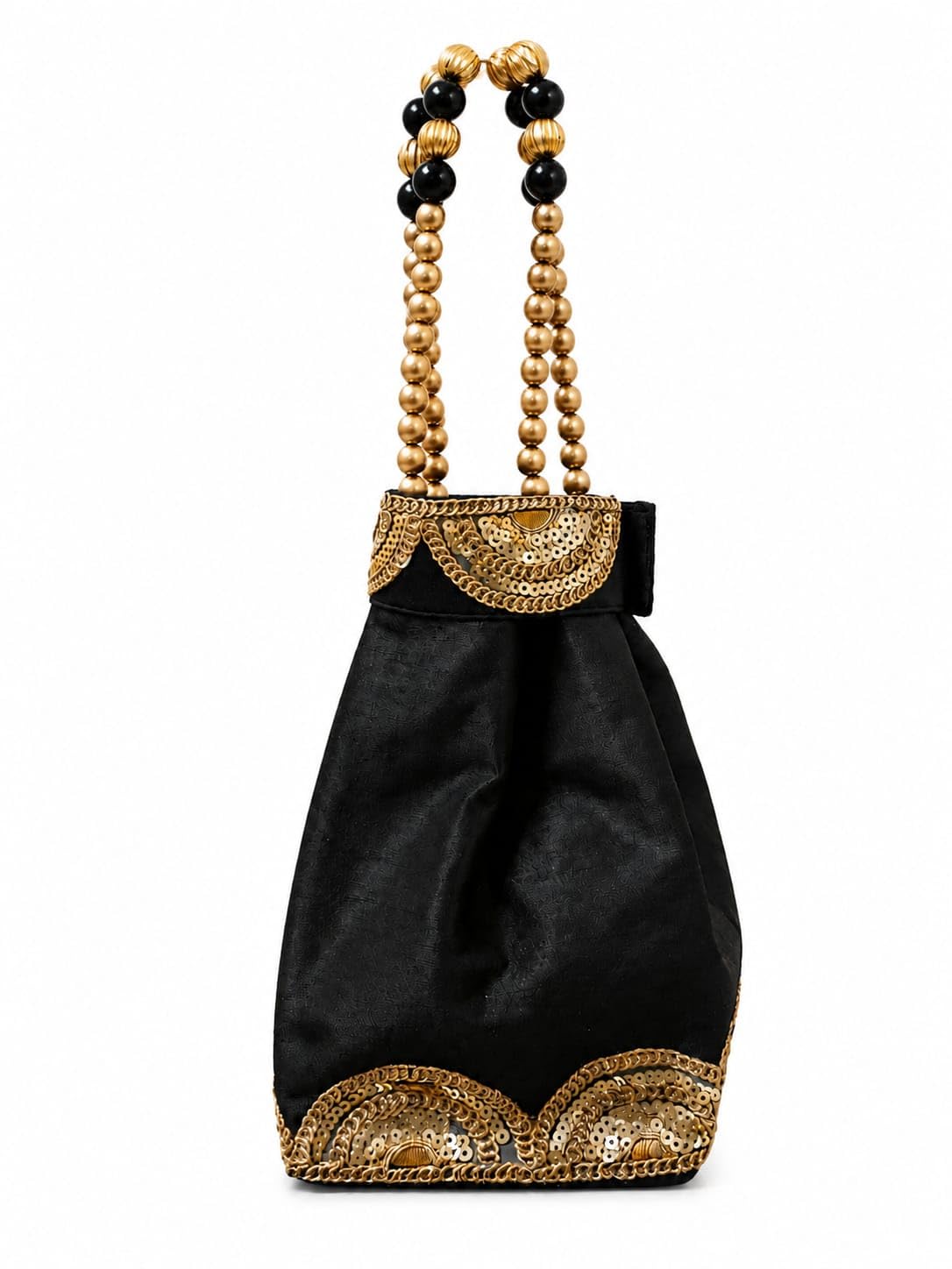 Black Silk Potli Bag with Gold Sequin Embroidery & Beaded Handle-image-3