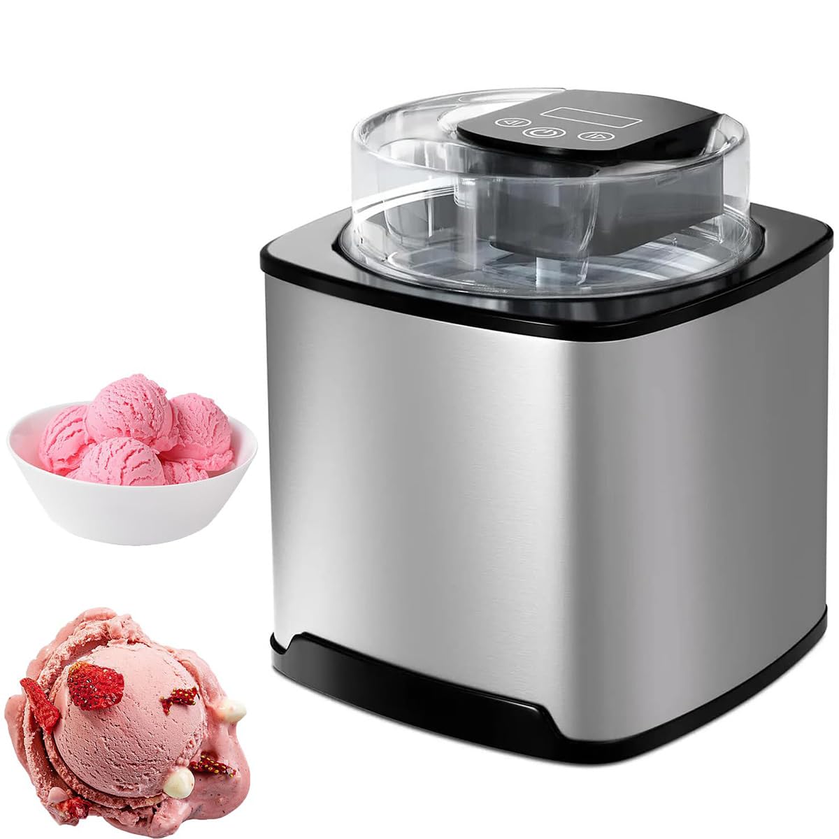 Gelatiera con compressore, gelatiera, yogurtiera con Display LCD, Senza precongelamento, Contenitore da 2 Litri Rimovibile e Coperchio Trasparente.
