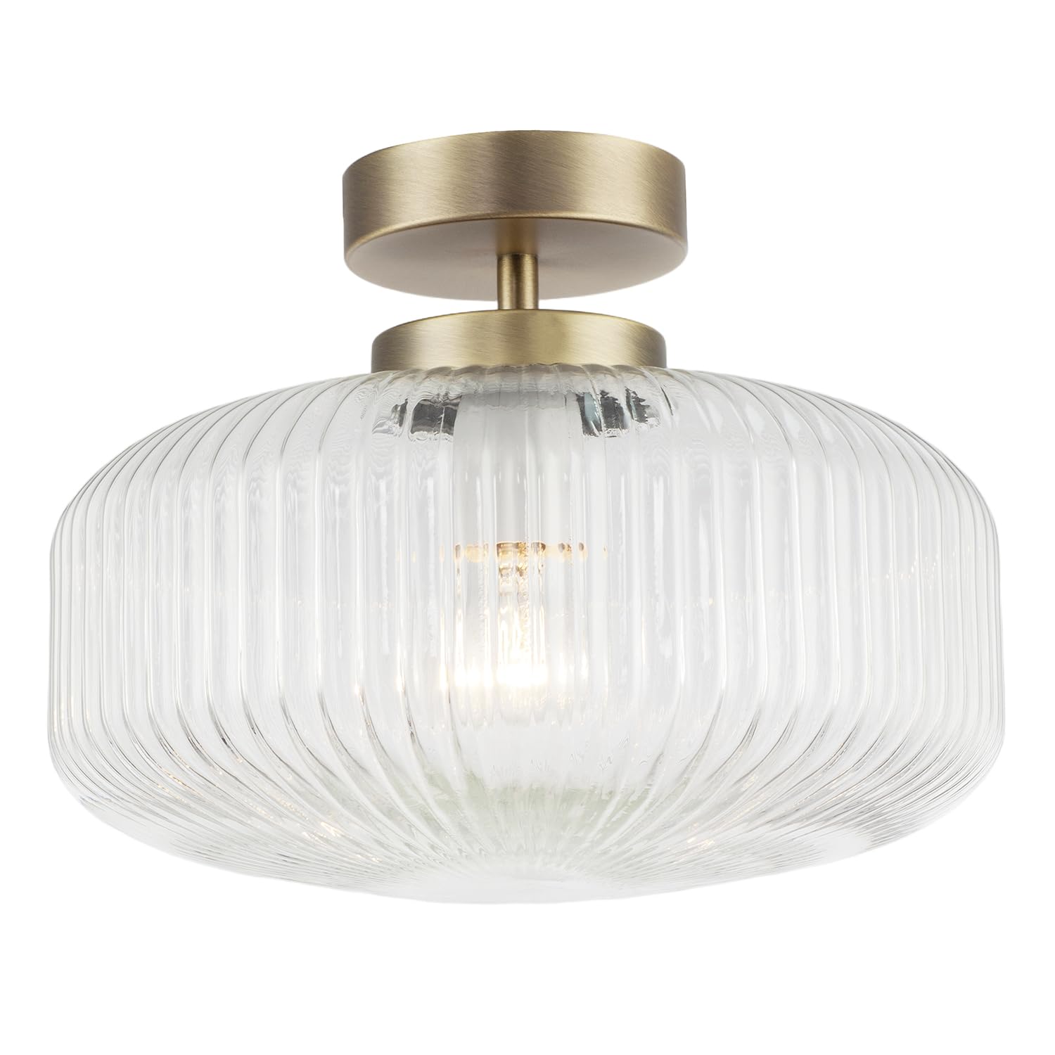 Happy Homewares Modern Bathroom Ceiling Light with Clear Ribbed Fluted Glass in Matte Antique Brass | 21cm x 27cm | Compact Semi Flush Shape