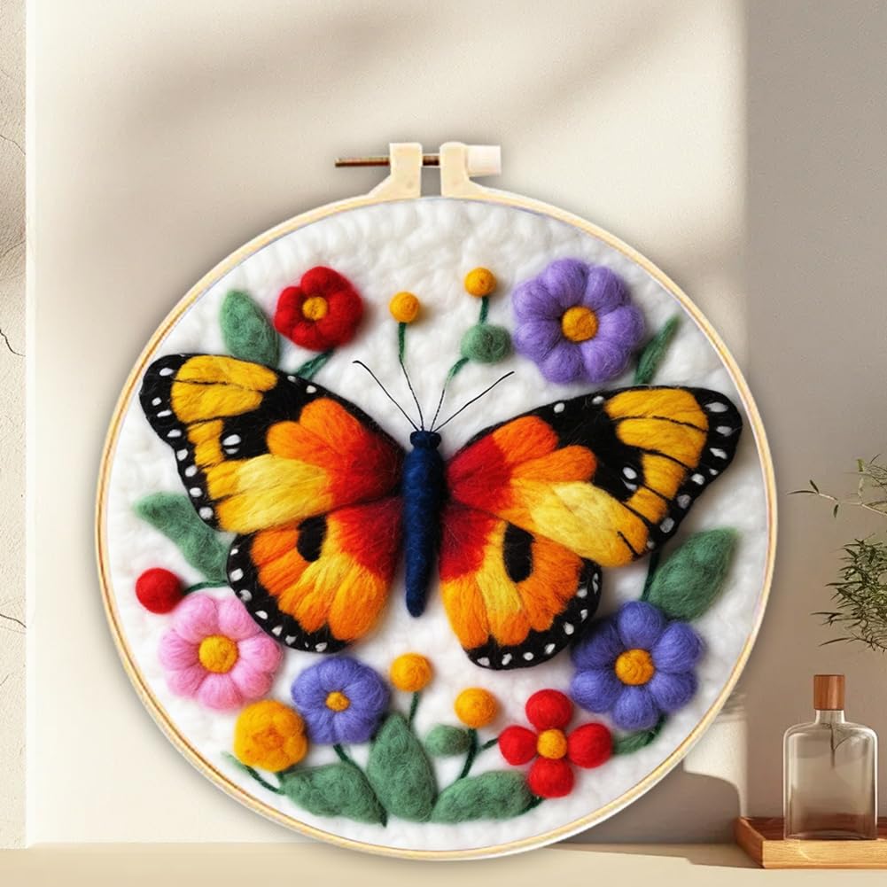 ABEUTY Needle Felting Kits for Beginners Adults, Yellow Black Butterfly Flowers DIY Wool Felt Painting Starter Kit with Embroidery Hoop and Tools for Home Decor (Butterfly)