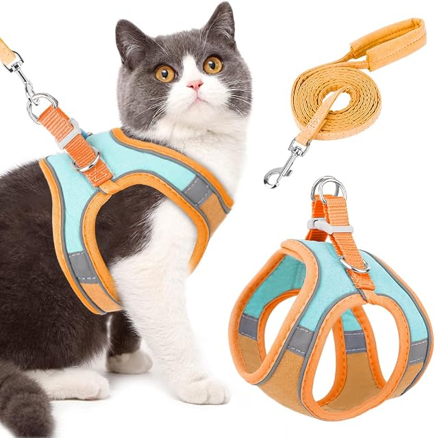 Eyein Cat Harness and Lead Set for Walking, Adjustable Soft Sturdy Faux Suede Escape Proof Kitten Vest Harness and leash with Reflective Strip for Large Medium Small Cats(Green & Orang, M)