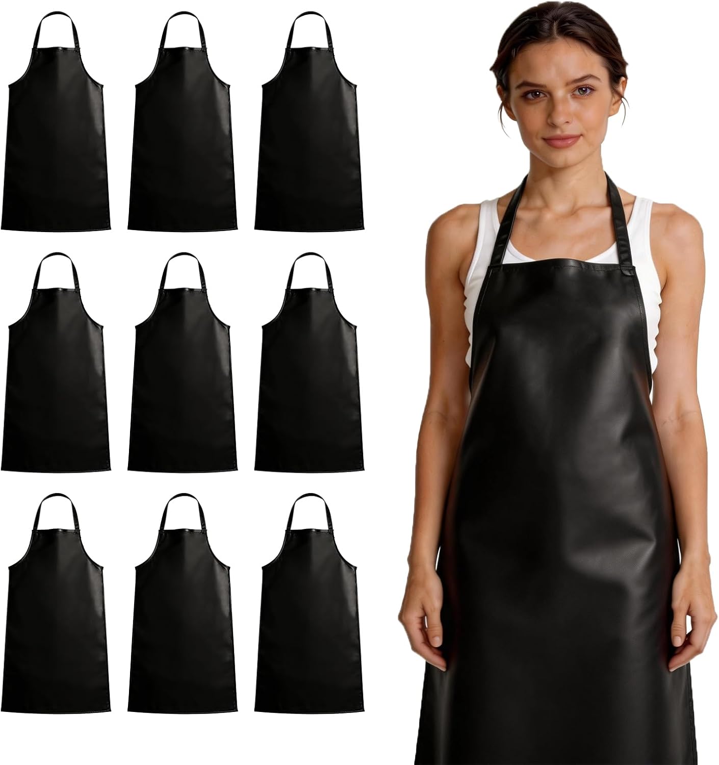 10 Pcs Heavy Duty Waterproof Work Apron, 38.6 Inch Black PU Leather Lightweight Industrial Cleaning Apron for Commercial Kitchen Staff