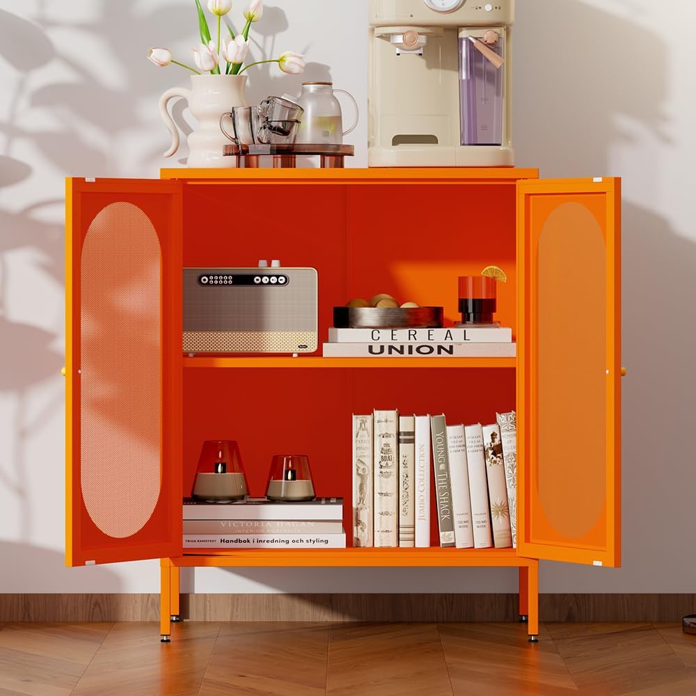 Small 2 Mesh Door Metal Storage Cabinet for Pantry,Office Room,Kitchen,Bathroom,Living Room, Hallway- Locker Cabinet with 1 Adjustable Shelf (mesh Door, Orange)