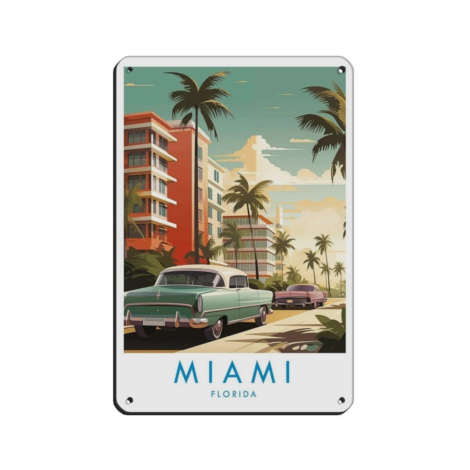 Miami Travel, Florida Retro Poster Metal Tin Sign Chic Art Retro Iron Painting Bar People Cave Cafe Family Garage Poster Wall Decoration 8x12inch(20x30cm)
