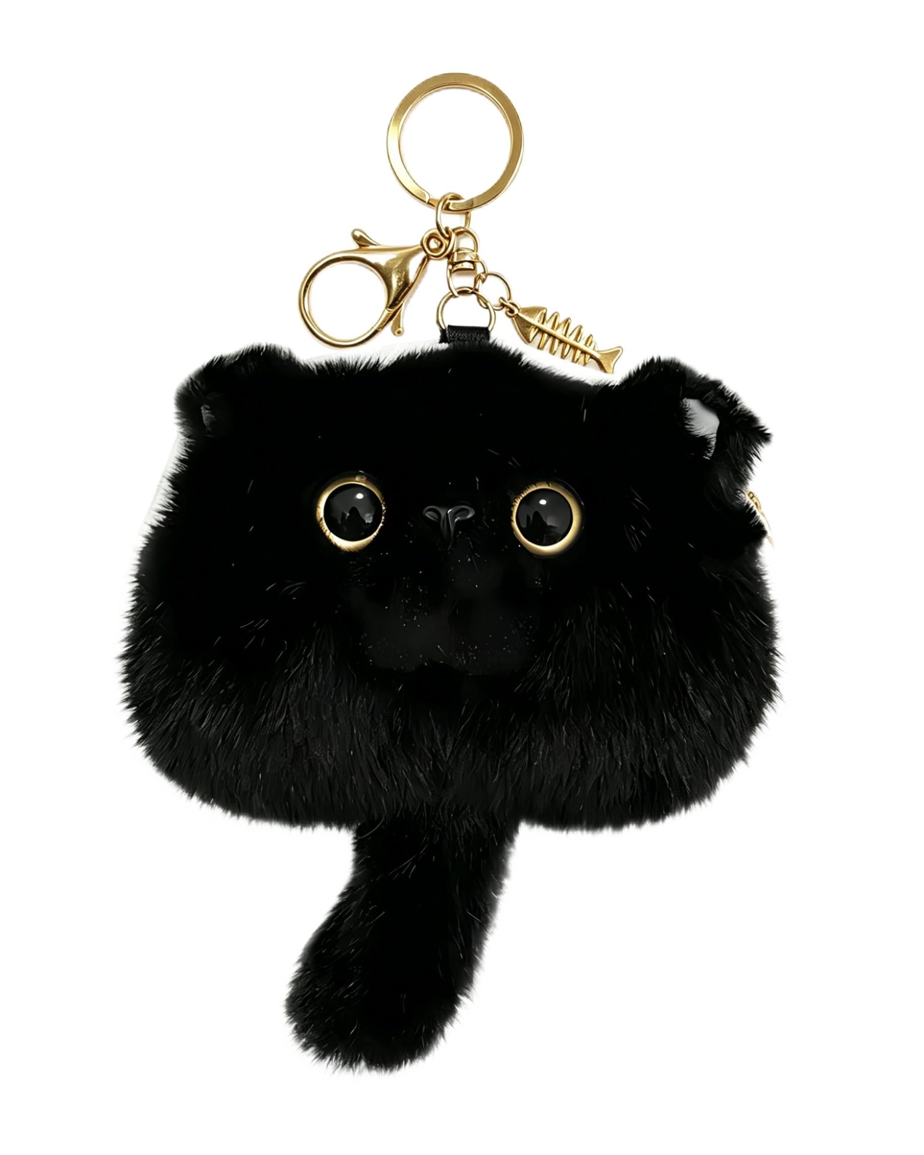 Amazon.co.jp: [HUIJUFU] ブラックふわふわ猫型コインケース