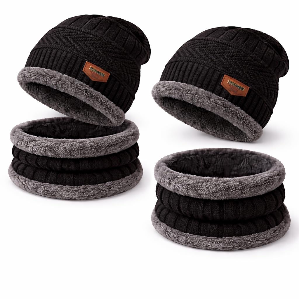 Fitness Mantra® Beanie Cap & Muffler for Men & Women| Beanie Cap| Woolen Topaa| Winter Cap| Head & Neck Warmer| Black Color| 2 Set|