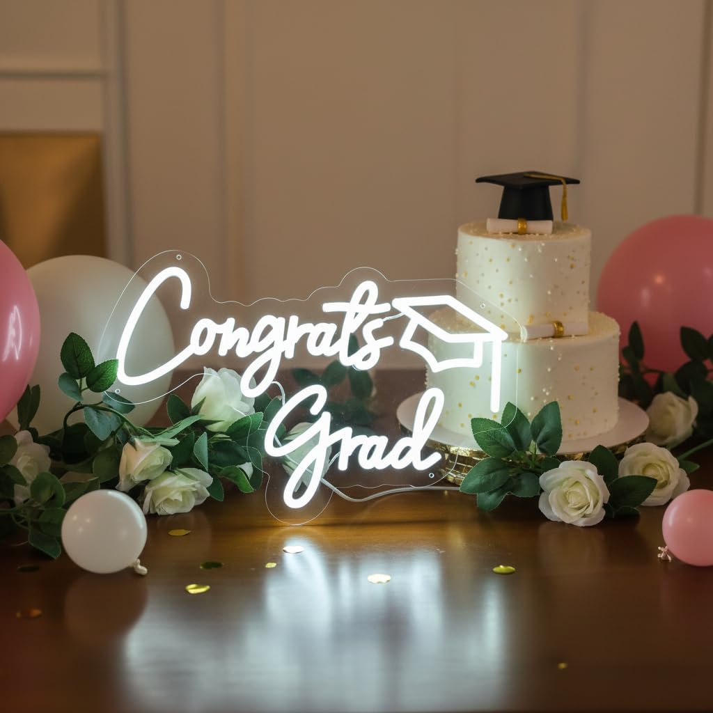 Congrats Grad Neon Sign with Graduation Cap for Class of 2026, Graduation LED Neon Sign for Wall Decor for Party, Classroom, Celebration, Backdrop, Gifts Dimmable