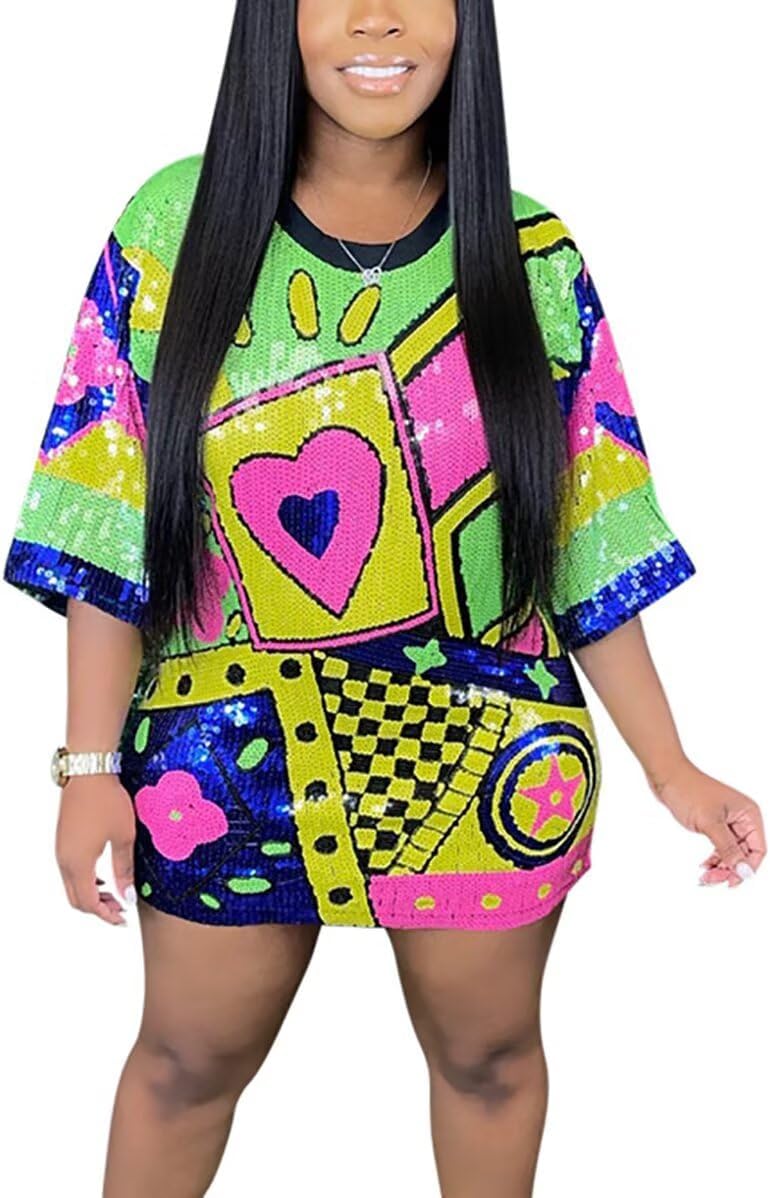 Women's Sexy Sequin Loose Tee-Shirt Dress Half Sleeve Print Party Club Mini Dresses