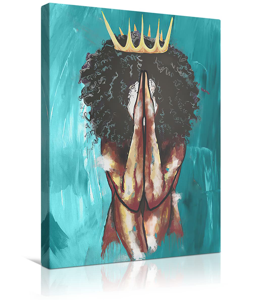 OPHERA FOCUST Turquoise Wall Art African American Portrait Black Queen Girl Praying Abstract Contemporary Canvas Giclee Matte Prints Painting 16x20inch Home Decor for Bedroom Living Room