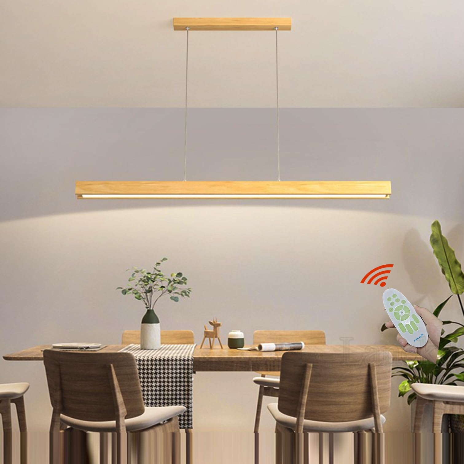 LED Lámpara Colgante Lámpara de Mesa de Comedor Madera Lámpara Colgantes Modernas Regulable con Control remoto Salon Lámparas de techo Altamente Ajustable Colgantes Para Cocina Bar Oficina (A, L100cm)