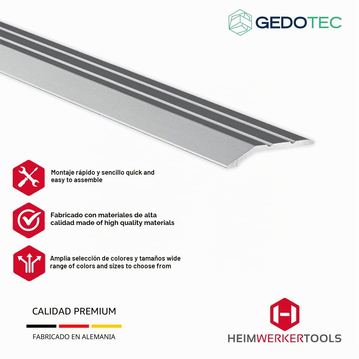 Gedotec Barra de transición compensación de altura plata autoadhesiva | 1 pieza perfil aluminio 2000 mm | junta de dilatación 2-5 mm | barra sin taladrar, 200 cm (2 m)