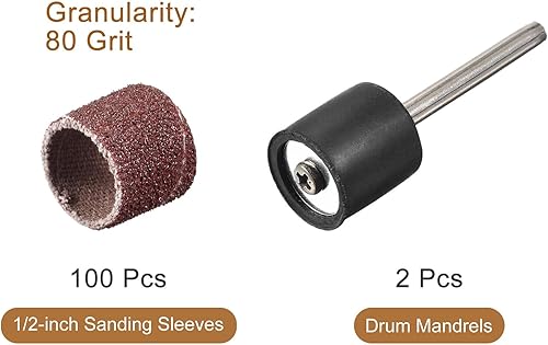 Miniatura 2 de uxcell Juego de 100 piezas de papel de lija de 12 pulgada, grano 80 con 2 mandriles de tambor de 18 pulgadas para herramientas rotativas